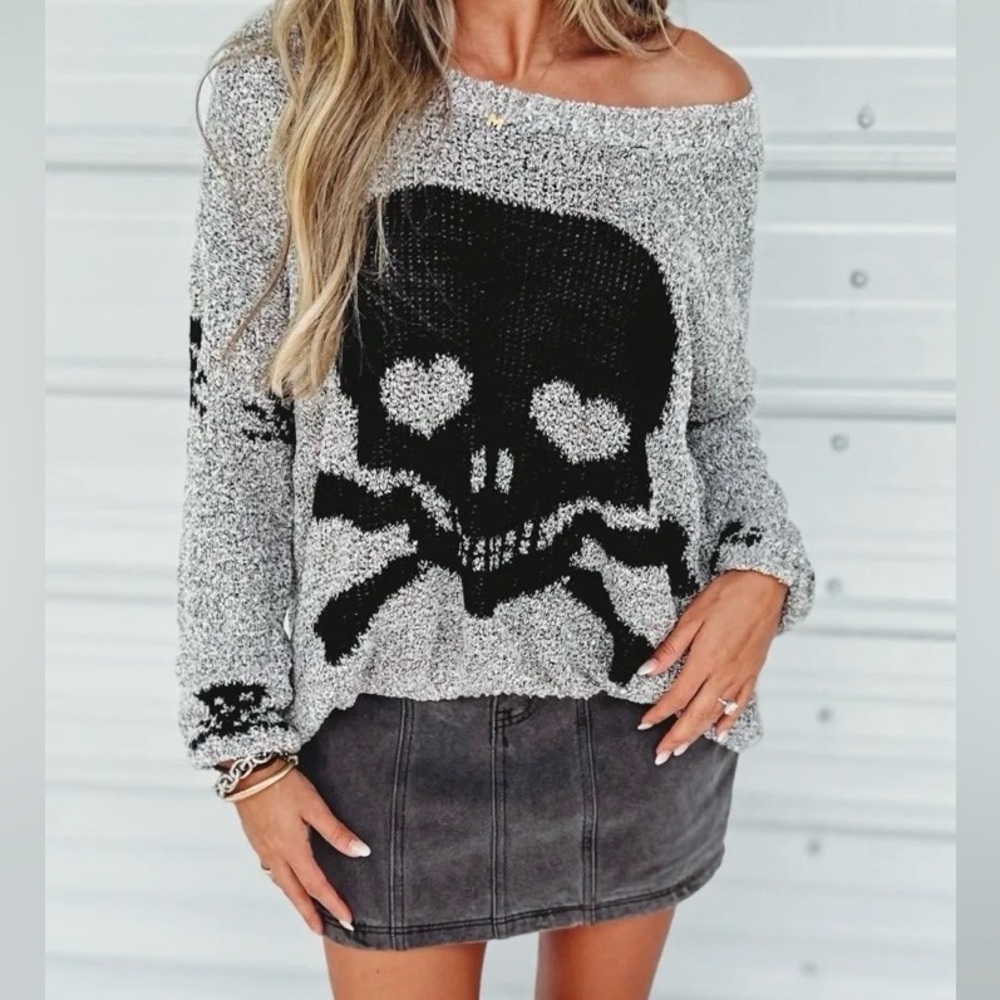 Boutique Gray and Black Skull Sweater